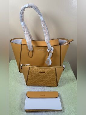 Michael Kors Mustard Tote Bag Set with Monogram Zip Pouch and Wallet